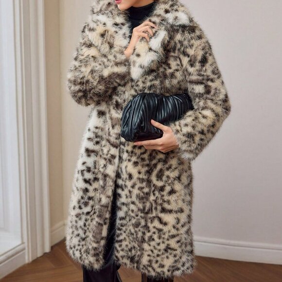 Multicolor Casual Women's Faux Fur Leopard Print Lapel Collar Long Coat - Picture 3 of 8